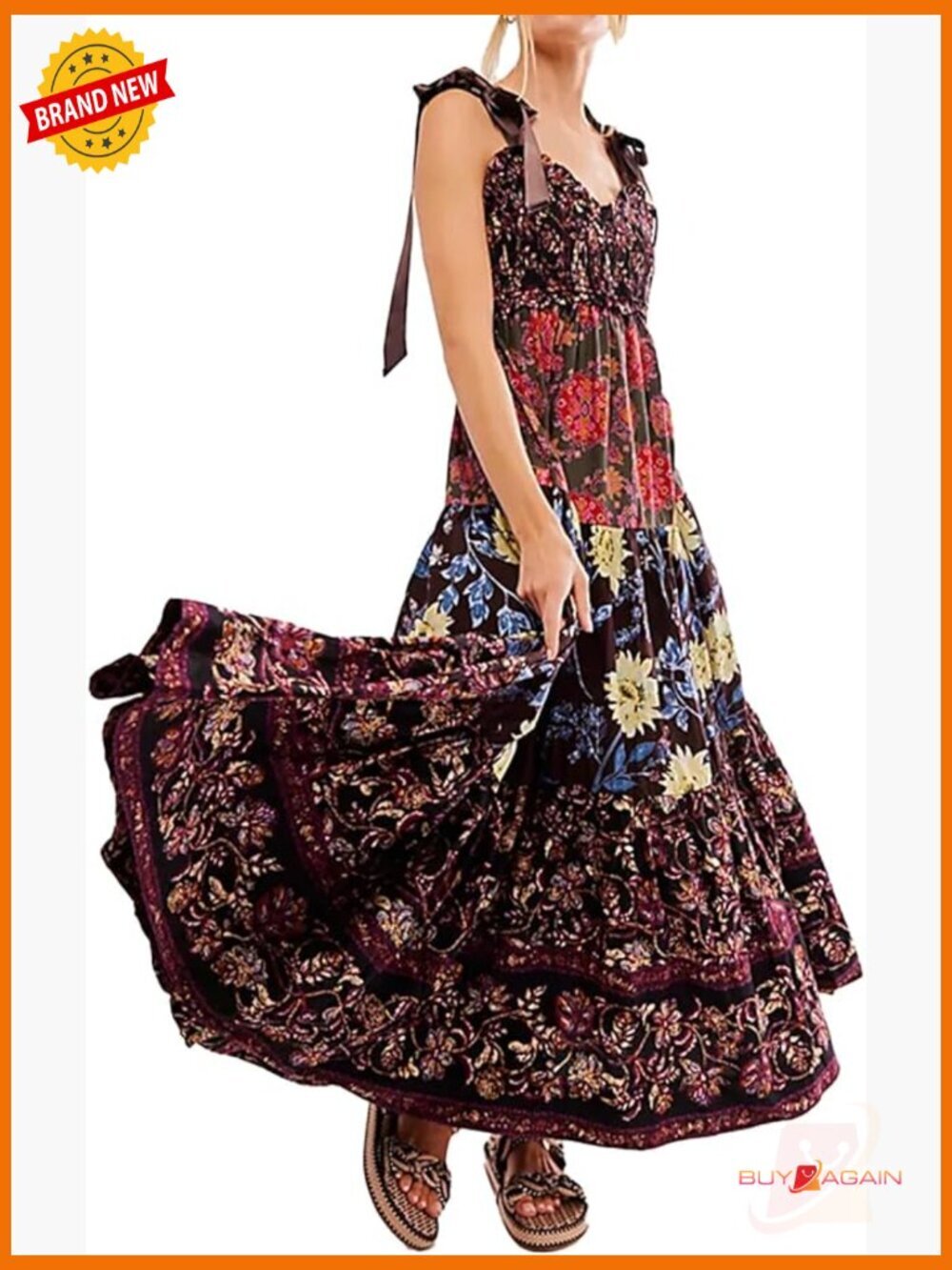 Women Floral Maxi Dress Tie Shoulder Smocked Boho Sundress